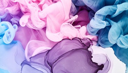 Obraz premium Abstract Swirling Ink Clouds in Shades of Pink Purple and Blue on White Background