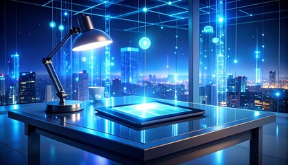 Futuristic digital desk setup with holographic lamp illuminating interactive 3D hologram book.