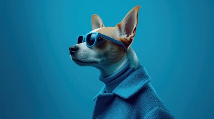 Stylish dog wearing sunglasses and a cozy coat against a vibrant blue background