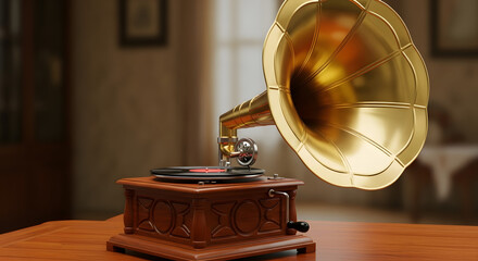 A vintage gramophone on a wooden table, featuring a golden horn and a vinyl record, evoking nostalgia and the golden age of music