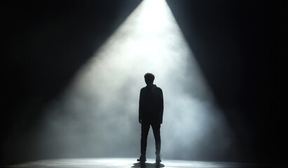 Young man stands on stage illuminated by spotlight from above creating atmosphere mystery solitude background dark with soft light rays shining through fog wearing casual silhouette