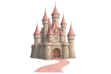 Obraz premium 3d rendering of a fairytale castle with pink roof and path on a transparent background, perfect for fantasy and medieval projects