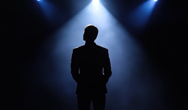 Silhouette of adult man in suit standing on stage under spotlight looking at camera illuminated by spotlight with back to viewer against dark blue background with space for text