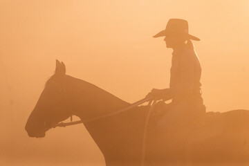 Lone woman cowgirl on horse back in the late afternoon dust and sunshine