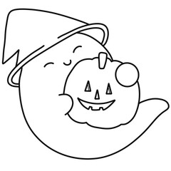 Halloween Little ghost hugs a pumpkin outline