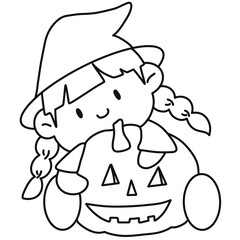 Little witch girl hugging a pumpkin outline