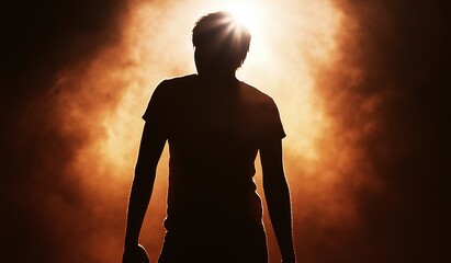 Silhouette of athletic man standing in front of spotlight with back wearing t-shirt and jeans, background orange smoke fog creating dramatic lighting effect posture confidence