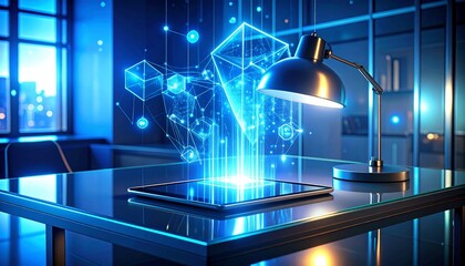 Sci-fi futuristic study desk with neon holographic lamp and glowing data streams in virtual space.
