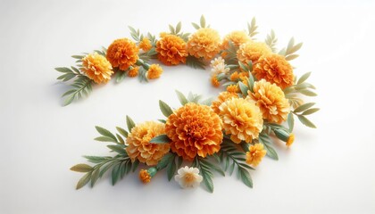 Beautiful marigold garland on white background, yellow flowers