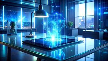 Advanced futuristic interior with sleek holographic lamp, digital tablet, and neon circuit light effects.