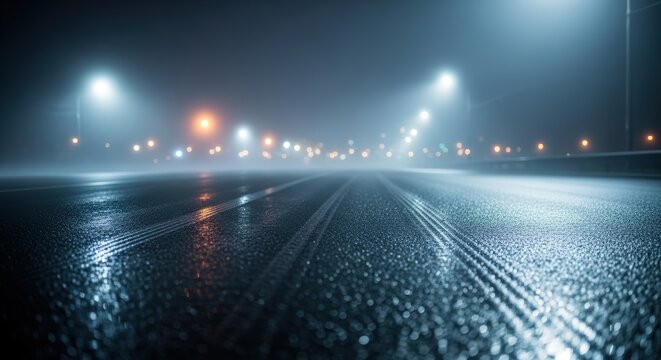 A wet, empty road at night, illuminated by streetlights through a thick fog.