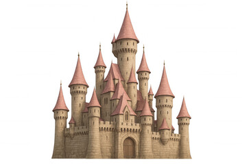 Fototapeta premium Large fairytale castle with pink roofs isolated on transparent background, perfect for any project needing a touch of magic and wonder