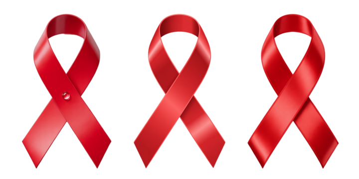 Three red ribbons symbolizing awareness and support