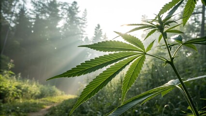 Vibrant green cannabis leaf backlit by sun rays filtering through forest trees marijuana plant