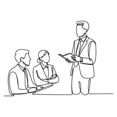 One continuous line Art drawing of young businessmen and businesswoman listening trainer explain business lesson. with white background