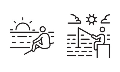 Person looking at sunset or sunrise icon. Thin line editable stroke peaceful beach illustration for mindfulness, nature, meditation, sea view. vector illustration eps file.