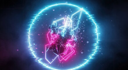 Abstract glowing geometric crystal shattering within a neon ring with glitch effects.
