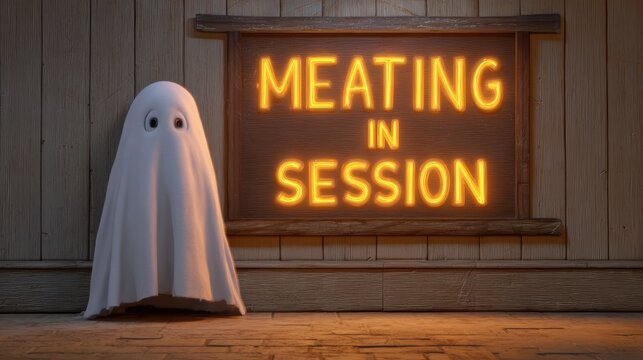 A playful ghost stands beside a glowing sign that reads "MEATING IN SESSION," creating a humorous, spooky atmosphere, upcoming meeting announcement, meeting break screen