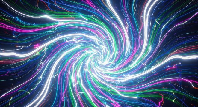 A vibrant, swirling vortex of colorful, glowing energy trails against a dark background, creating a sense of dynamic motion and cosmic energy.