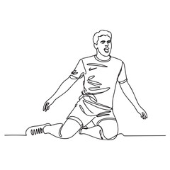 One continuous line Art drawing of young sporty soccer player sliding on the field emotionally after scoring a goal. with white background
