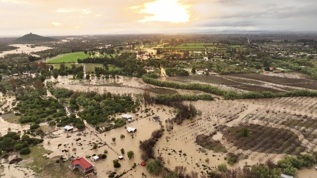 Drone view of Maule river in Chile, floods in Chile