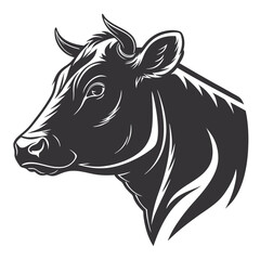 Detailed Black and White Illustration of a Cows Head.