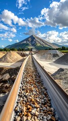 Quarry conveyor belt under a vibrant sky