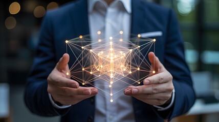Successful businessman holding glowing network structure concept