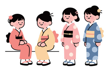 Japanese Women in Kimono Traditional Attire Illustration