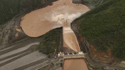 Aerial view Machacura Dam after flooding in Region Maule, Chile in 2023