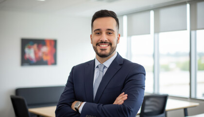 Confident leader smiling latin hispanic, middle eastern business man standing arms crossed in office looking at camera. Portrait of manager executive CEO entrepreneur