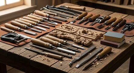 Naklejka premium Collection of Woodworking Chisels and Carving Tools on a Rustic Wooden Table.