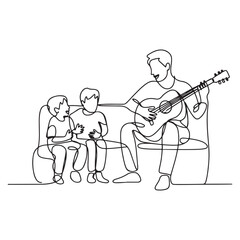 One continuous line Art drawing of young cheerful father playing guitar and singing together with kids at home. with white background