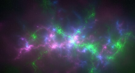 Obraz premium Abstract fractal nebula with vibrant pink, green, and blue cosmic clouds swirling in deep space.