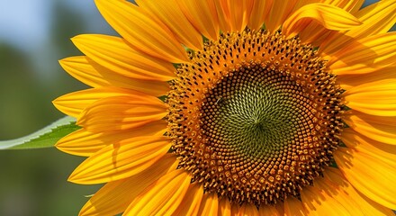 Obraz premium Close-up of a vibrant yellow sunflower in full bloom, showcasing its intricate seed pattern and bright petals under natural light.