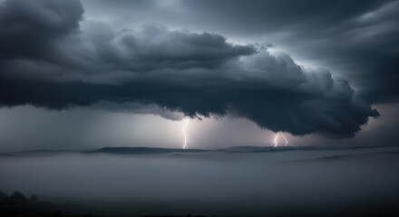 Fototapeta premium A dramatic thunderstorm with lightning illuminating the dark, ominous clouds over a misty landscape.