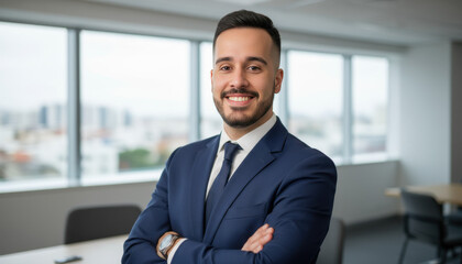 Confident leader smiling latin hispanic, middle eastern business man standing arms crossed in office looking at camera. Portrait of manager executive CEO entrepreneur