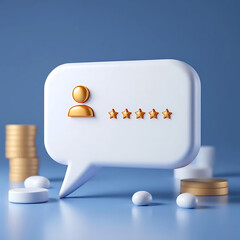 Five-Star Customer Review:  Modern 3D Rendered Speech Bubble with Gold Icons on Blue Background.