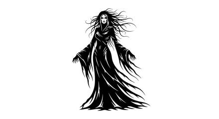 Dark gothic woman in flowing black robes and wild hair