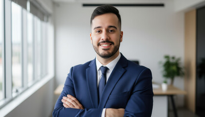 Confident leader smiling latin hispanic, middle eastern business man standing arms crossed in office looking at camera. Portrait of manager executive CEO entrepreneur