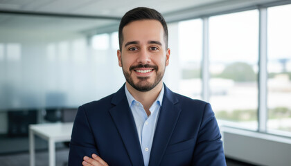 Confident leader smiling latin hispanic, middle eastern business man standing arms crossed in office looking at camera. Portrait of manager executive CEO entrepreneur