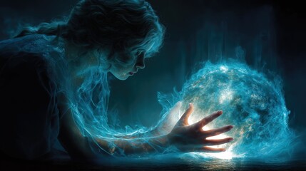 暗闇の中で光る青いエネルギー球体を操作する女性 | Woman manipulating glowing blue energy sphere in darkness