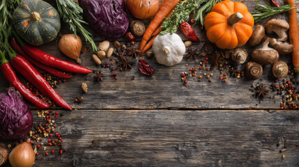 Fresh organic vegetables on rustic wooden table farm harvest with pumpkin chili and herbs healthy food background for cooking blogs and ads