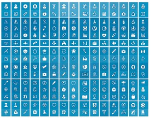 Collection of white line icons arranged in a grid pattern against a blue background.