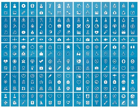 Collection of white line icons arranged in a grid pattern against a blue background.