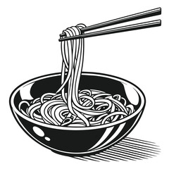 Chopsticks lifting delicious noodles from a bowl illustration.