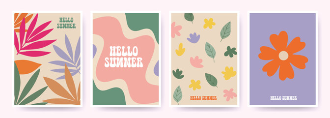 Hello summer cards set with abstract tropical leaves, flowers, plants, minimalist modern art design templates for celebration, advertising, branding, banners, posters, covers, labels and prints