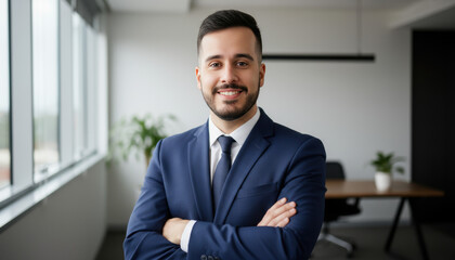 Confident leader smiling latin hispanic, middle eastern business man standing arms crossed in office looking at camera. Portrait of manager executive CEO entrepreneur