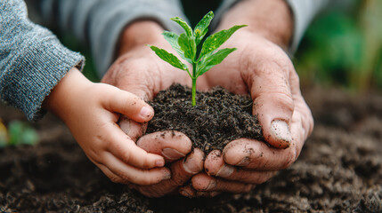 Hands of child and adult planting green sapling soil care growth eco friendly nature protection gardening sustainability and Earth Day concept