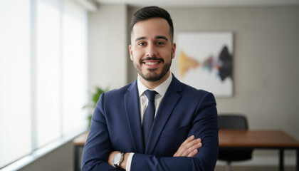 Confident leader smiling latin hispanic, middle eastern business man standing arms crossed in office looking at camera. Portrait of manager executive CEO entrepreneur